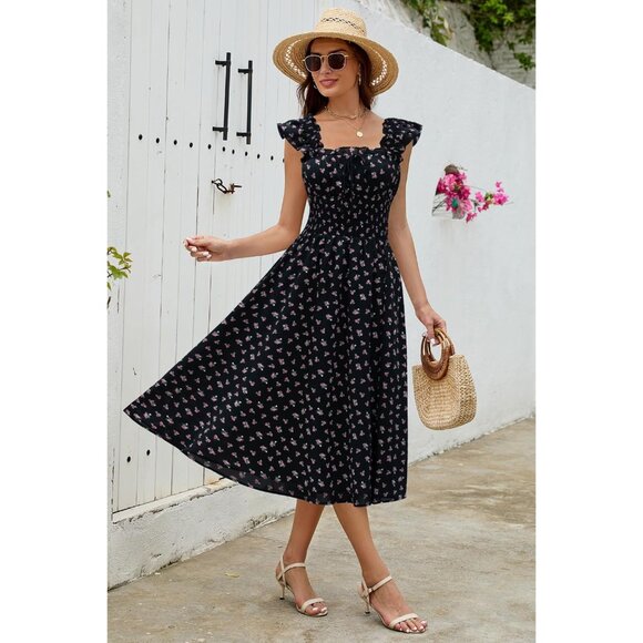 Women's Flowy Maxi Dress Summer Ruffle Square Neck Smocked Waist Beach - Picture 6 of 6